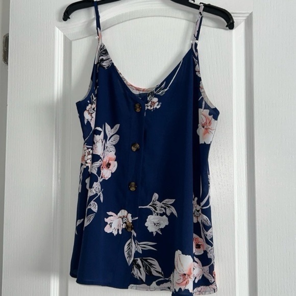 Floral navy blue, white, & pink button down tank top Large adjustable straps - Picture 8 of 12